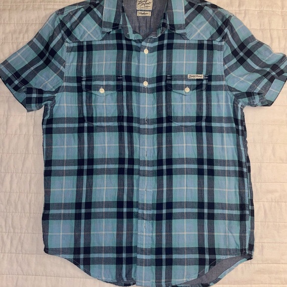 Lucky Brand Teal and Navy Plaid Button down short sleeve Men's Shirt Medium - Picture 8 of 9